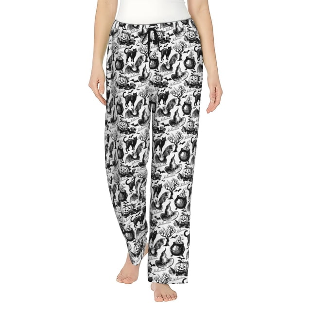 Balery Black White Halloween Pantalones de pijama para mujer, pijamas ultraligeros, pantalones de estar por casa-Large