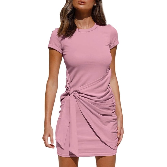 Robe T-Shirt d'Été pour Femme Décontractée à Manches Courtes 2021 Col Ras du Cou Moulante Froncée à Nouer à la Taille Mini Robes