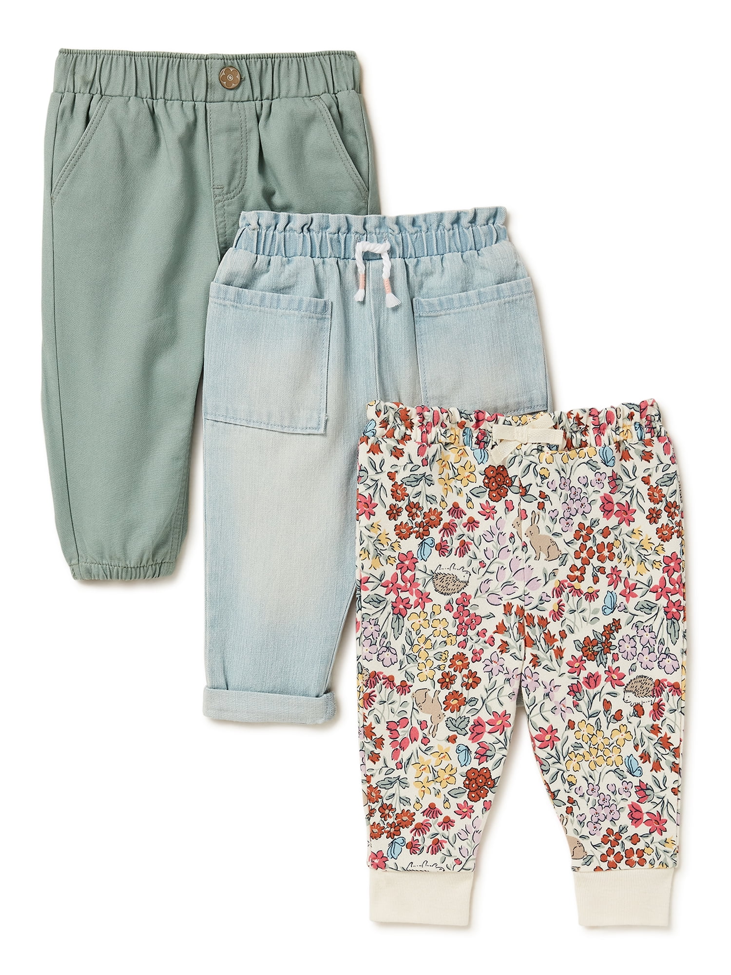 Garanimals Baby Girl PullOn Pants and Joggers, 3Pack, Sizes 0/3M24M