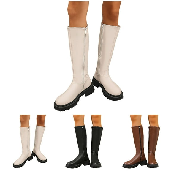 Dakaela Knee High Boots Women Leather Fashion Platform Tall Riding Boots Stretch Low Heel Wide Calf Dress Long Boot Beige 6