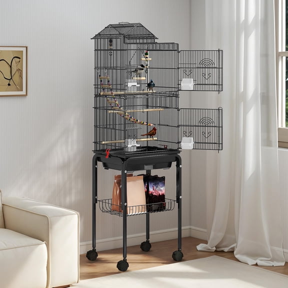 Uforic 62" Large Metal Bird cage with Rolling Stand, Slide-Out Tray,3 Perches and 4 Feeders, Black