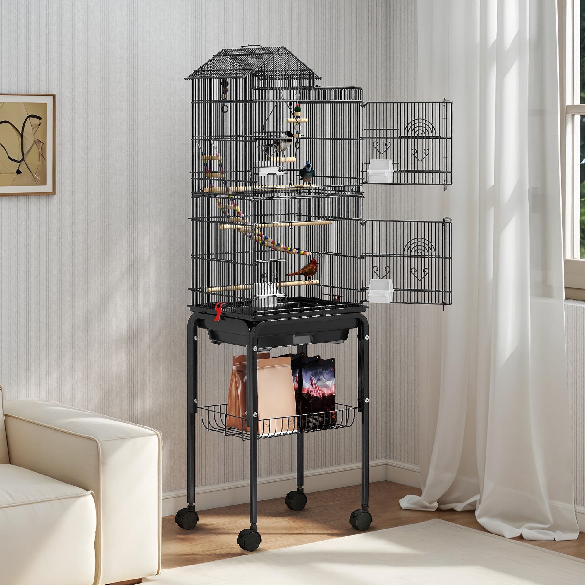 Uforic 62" Large Metal Bird cage with Rolling Stand, Slide-Out Tray,3 Perches and 4 Feeders, Black