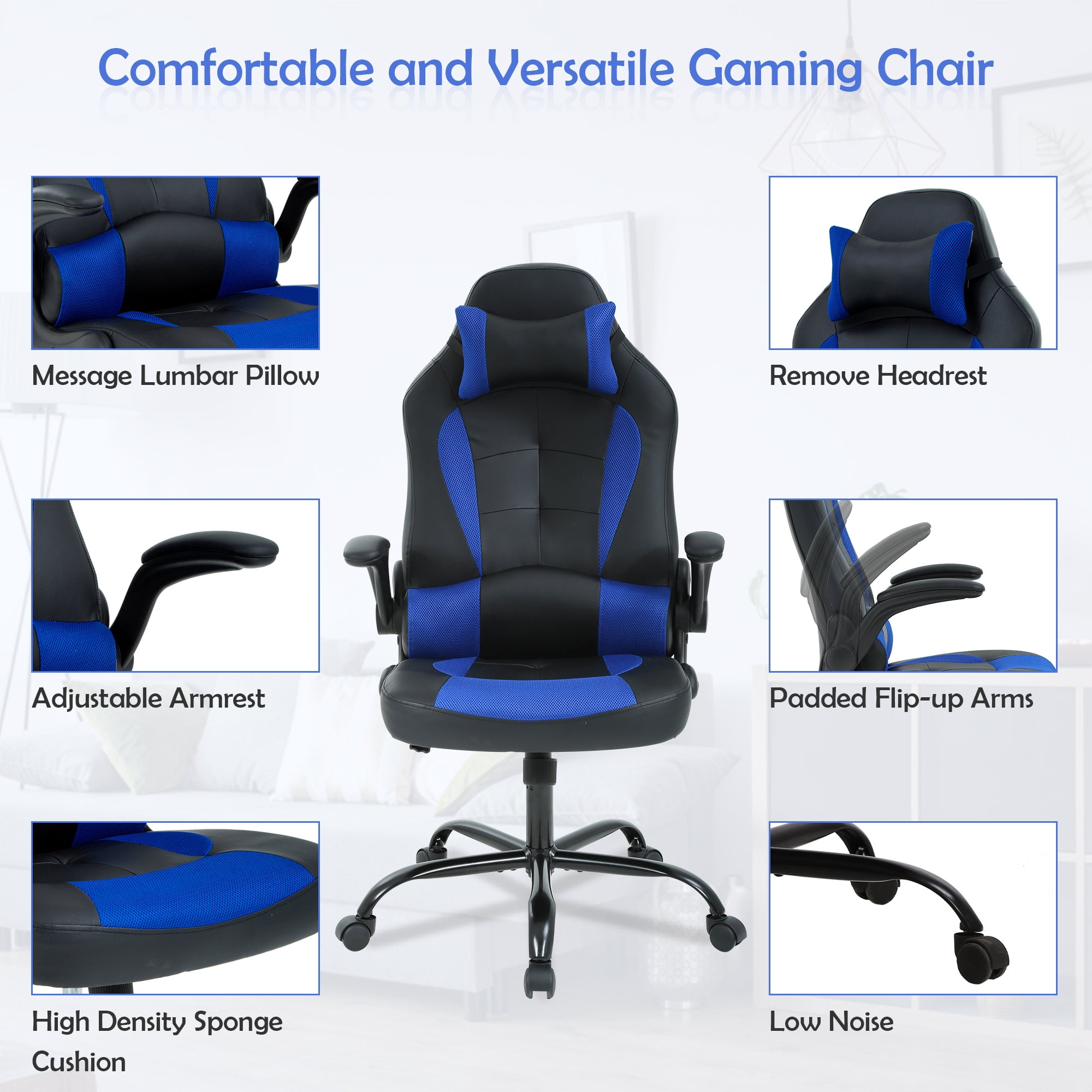 YRLLENSDAN Gaming Chairs，Office Gaming Chair with Lumbar Support Flip Up Arms Headrest Swivel Rolling Adjustable Computer Chair Racing Chair Gaming Chair for Adults Teens, Blue