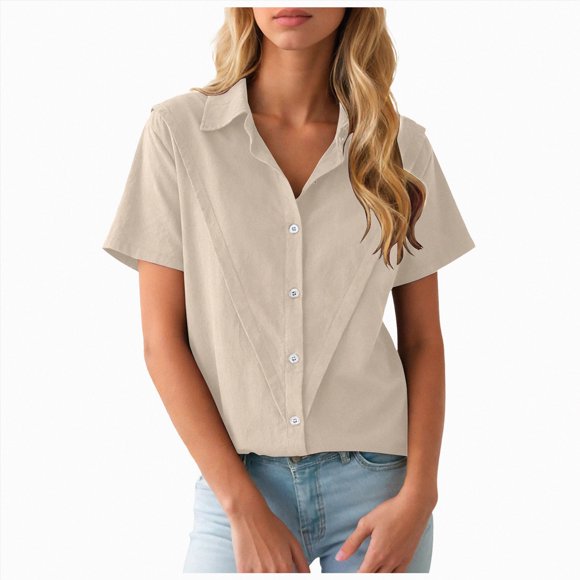 Gubotare Women Work Blouse Womens Button Down Shirt Short Sleeve Blouses Business Casual Work Tops Summer Outfits (Beige,XXXXXL)