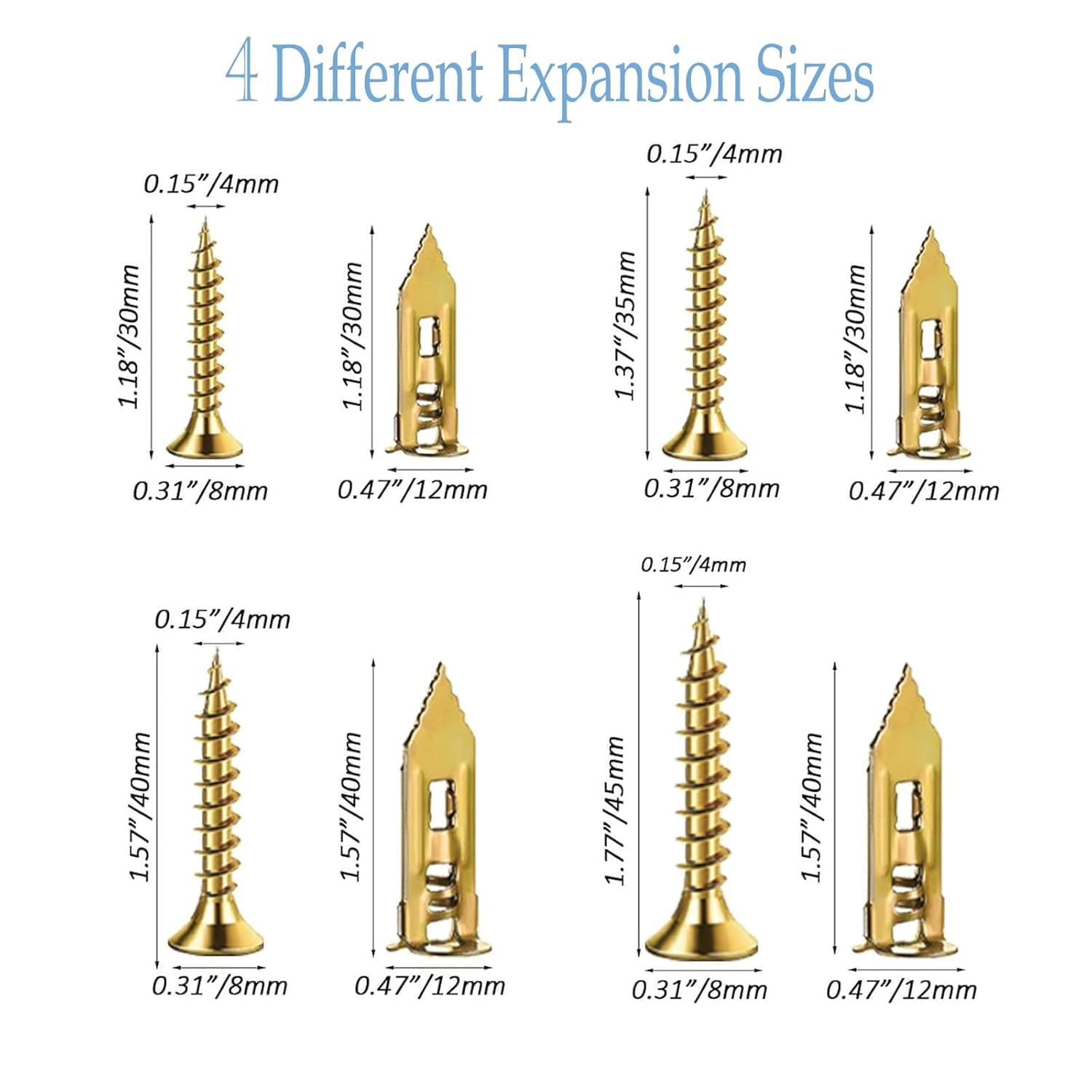 80 Pcs Self-Drywall Dilling Anchors Screws with 4 Different Expansion Sizes Screw Set, Zinc Plated Steel Dry Wall Screws no Drilling Required, Easy to Install