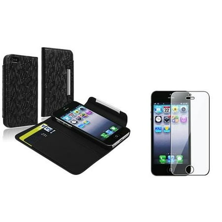 INSTEN Black Leather Wallet Case w/ Card Slot for Apple iPhone 5 5s + Screen Protector