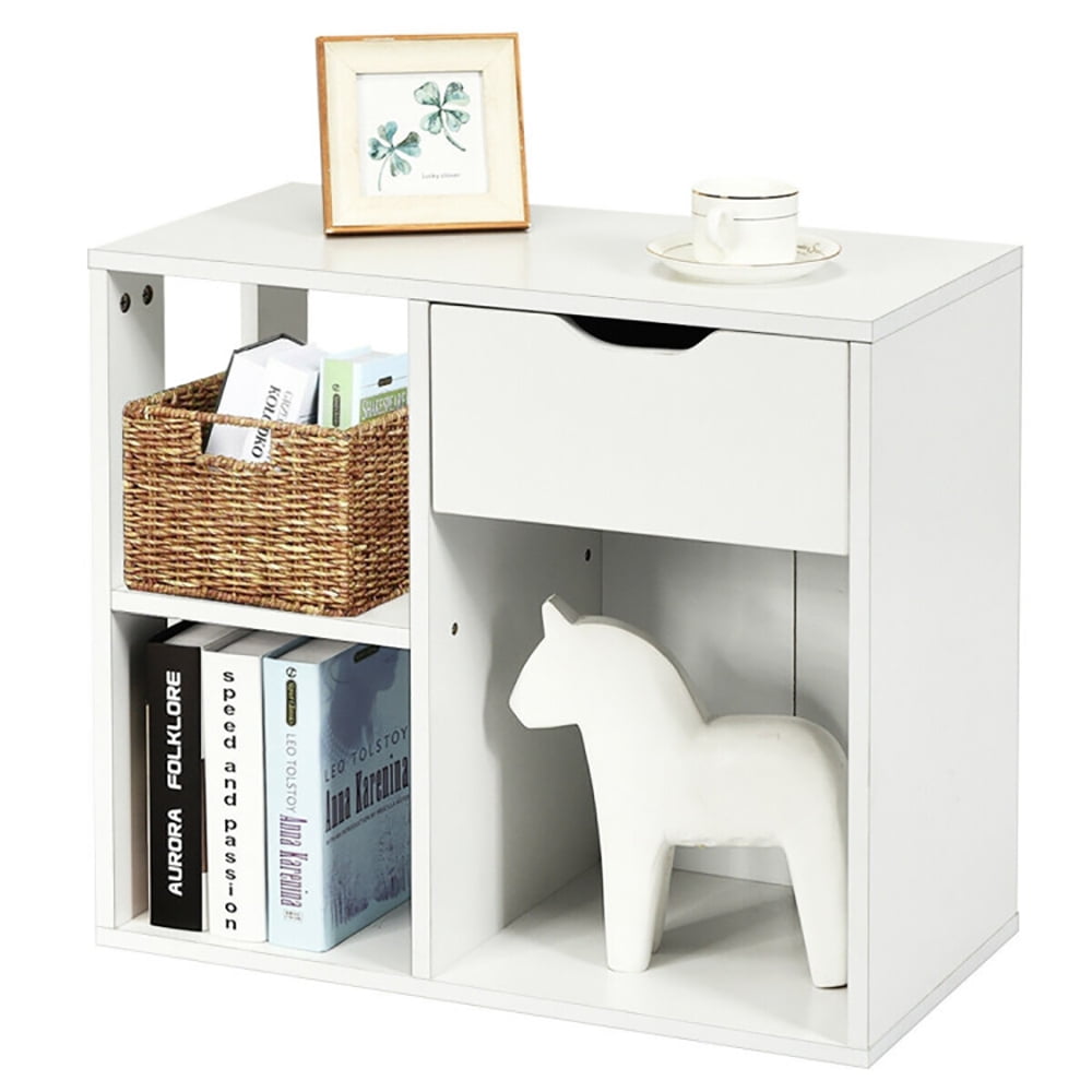 Finihen Side Table, 3-Tier Side Table with Storage Shelf and Drawer Space, for Living Room, Bedroom, White Finihen Side Table, 3-Tier Side Table with Storage Shelf and Drawer Space, for Living Room, Bedroom, White