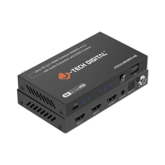 J-Tech Digital 8K HDMI Switch 2 In 1 Out, 8K@60Hz 4K@120Hz 1080P@240Hz with Audio Extraction, HDMI to Optical & Analog 3.5mm, HDR HDCP2.3 EDID Control (JTECH-8KSW21AE)
