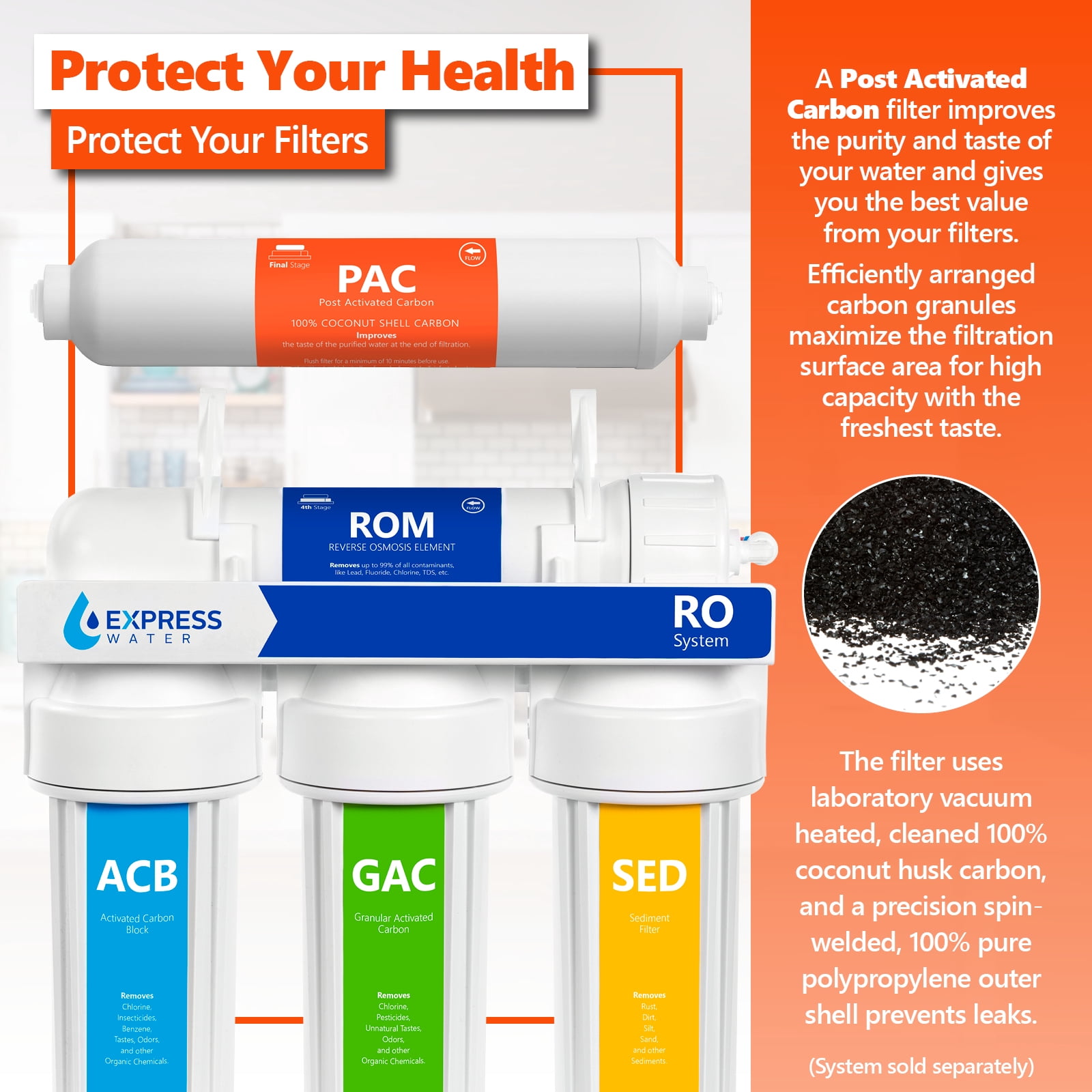 Express Water – 4 Pack Post Activated Carbon PAC Water Filter Replacement – 5 Micron Inline Filter – 10 inch Quick Connect – Under Sink and Reverse Osmosis System