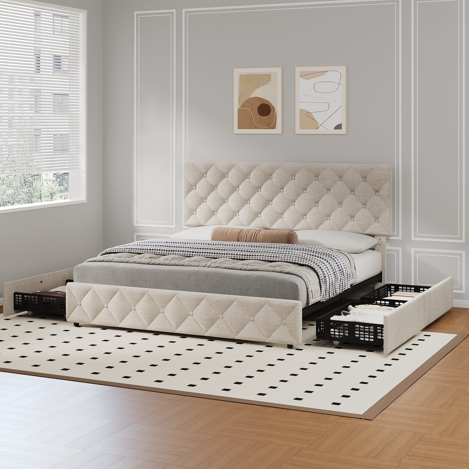 TEQIN Upholstered Queen Bed Frame with 4 Storage Drawers, Diamond Tufted Fabric Platform Bed with Sturdy Support,No Box Spring Needed, Easy Assembly, Noise Free