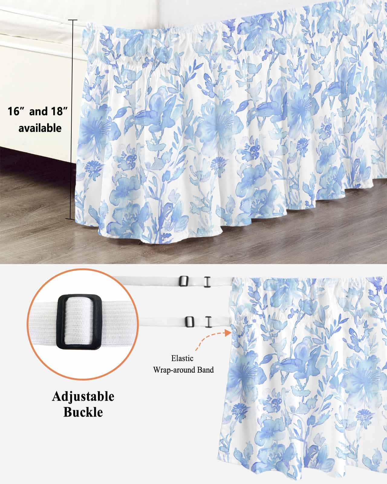 Abstract Blue Floral Bed Skirt Watercolor Plants Flowers Leaf Bed Skirts Queen Size 16 Inch Drop, Wrap Around Dust Ruffle&nbsp;Bedskirt with Adjustable Elastic Belt for Queen Size Beds