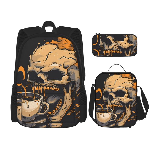 Balery Grim Coffee Skull Mochila escolar 3 en 1 para niños: mochila resistente con lonchera térmica y estuche para lápices. Mochila escolar para niños y niñas.