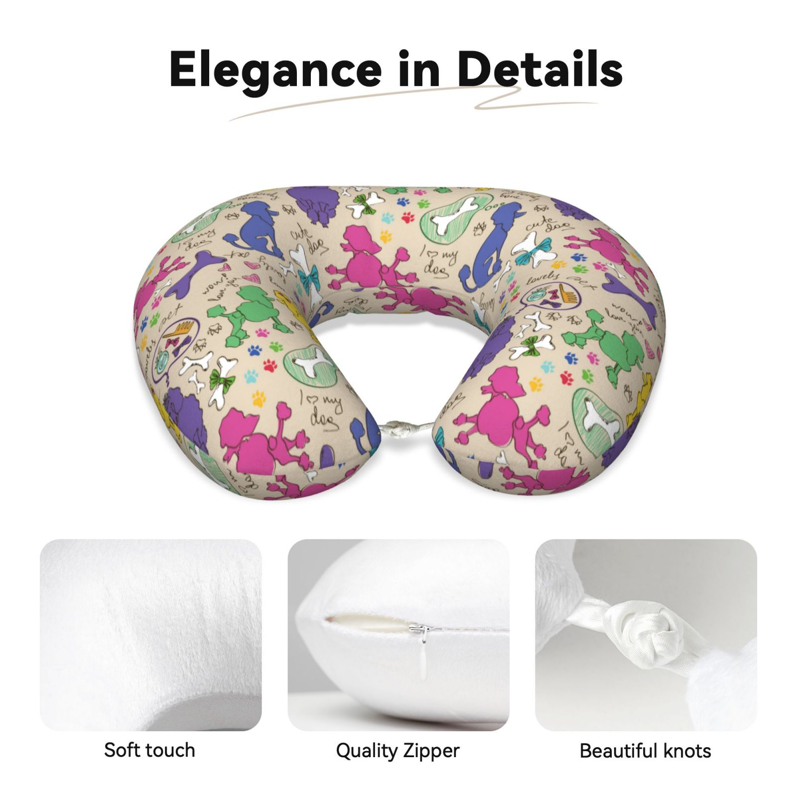 Xecao Colorful Poodle Dog Print Memory Foam Cervical Neck Pillow Versatile U-Shaped Pillows for Home,Office,Camping,Travelling,Soft Washable Cover