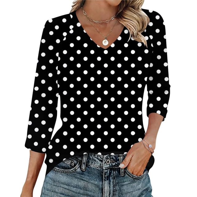 Ounisa T-Shirts à Manches 3/4 pour Femmes Col en V Manches Raglan Chandail Imprimé Décontracté Tendance Printemps Été Mode Hauts P-2TG