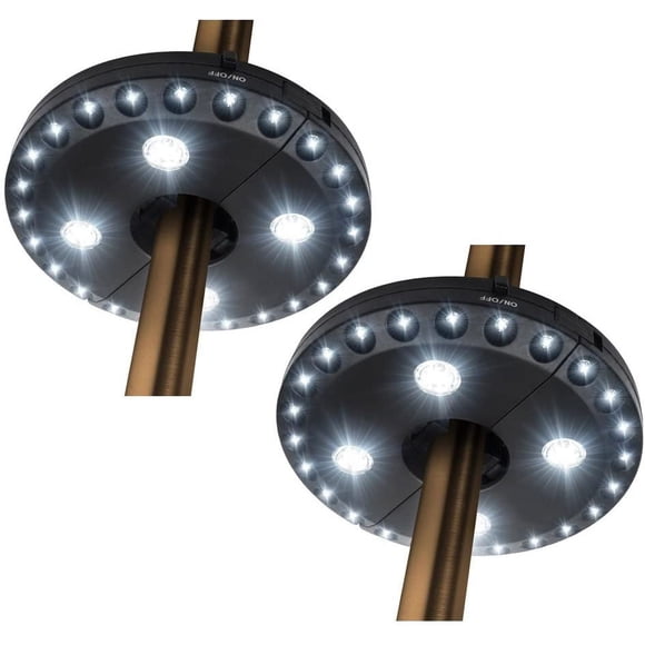 Lumière de Parasol de Patio 3 Modes de Luminosité Sans Fil 28 Lumières DEL à 200 Lumens - 4 x AA à Piles, Lumière de Mât de Parasol pour Parasols de Patio, Tentes de Camping Ou Usage Extérieur (28 DEL Blanc Éclatant) (Noir*2)