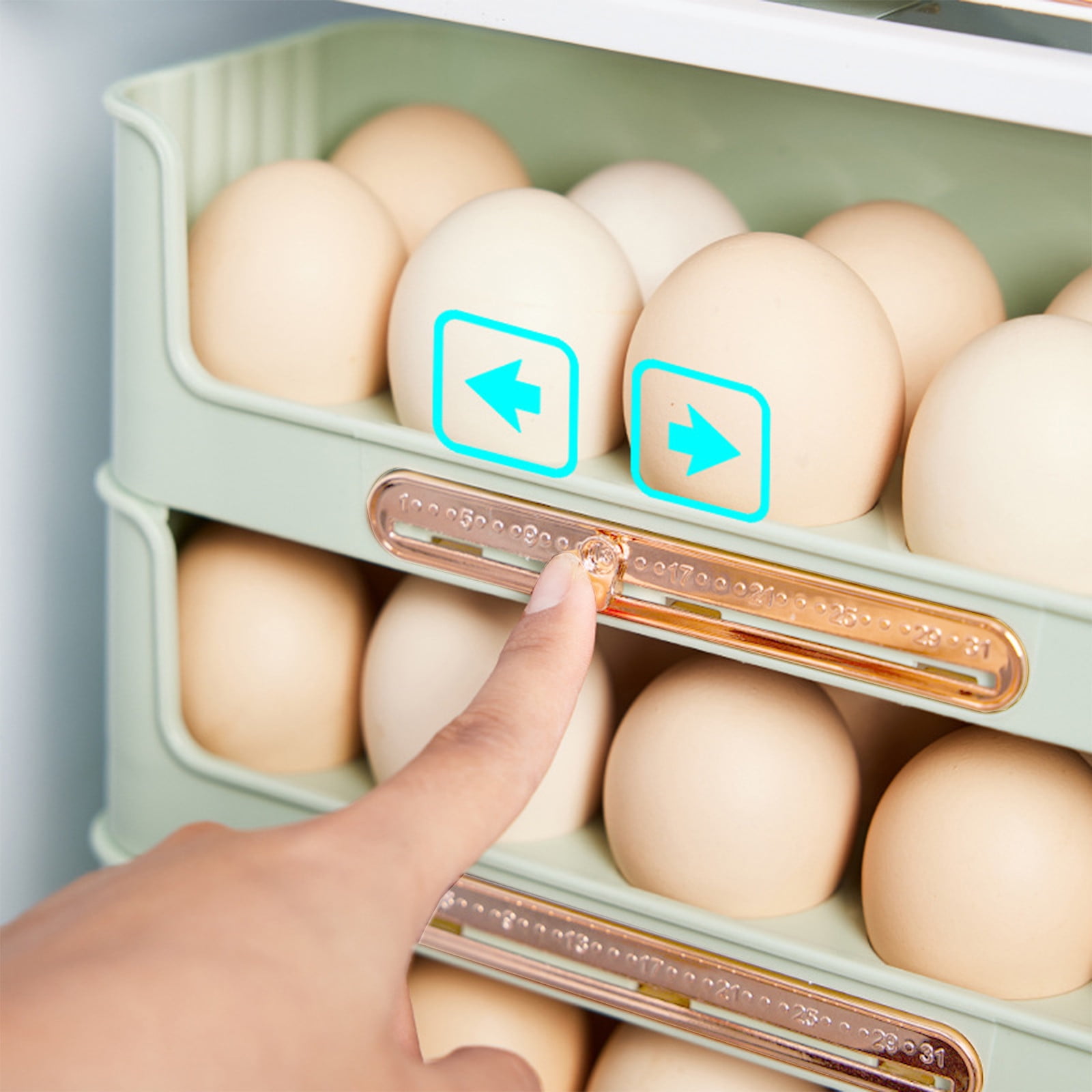 LACKUST 3-Tier Stackable Egg Organizer for Refrigerator Side Door with Date Tracker, Space Saving Fridge Organization, BPA Free Plastic Holder Holds 30 Eggs, Light Green