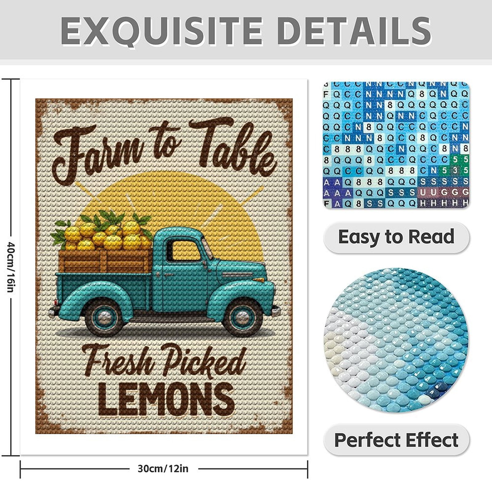 Diamond Art Kit for Adults, Retro Blue Truck Lemons Sunburst Diamond Painting for Adults Beginners, 5D DIY Diamond Art Painting Kits, Colorful Diamond Painting Craft for Home Decor 12x16
