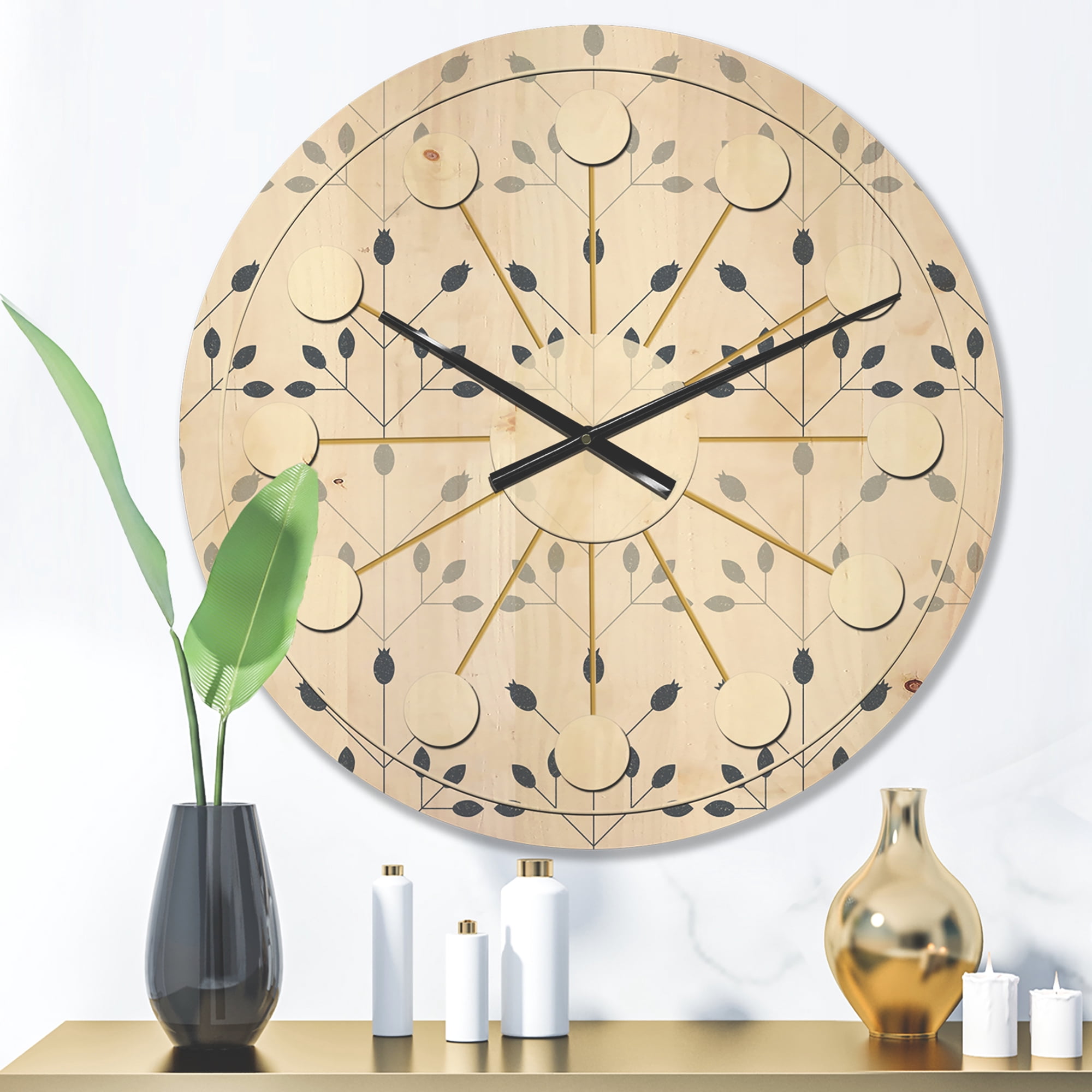 Designart 'Botanical Floral Retro Pattern I' Mid-Century Modern Wood Wall Clock