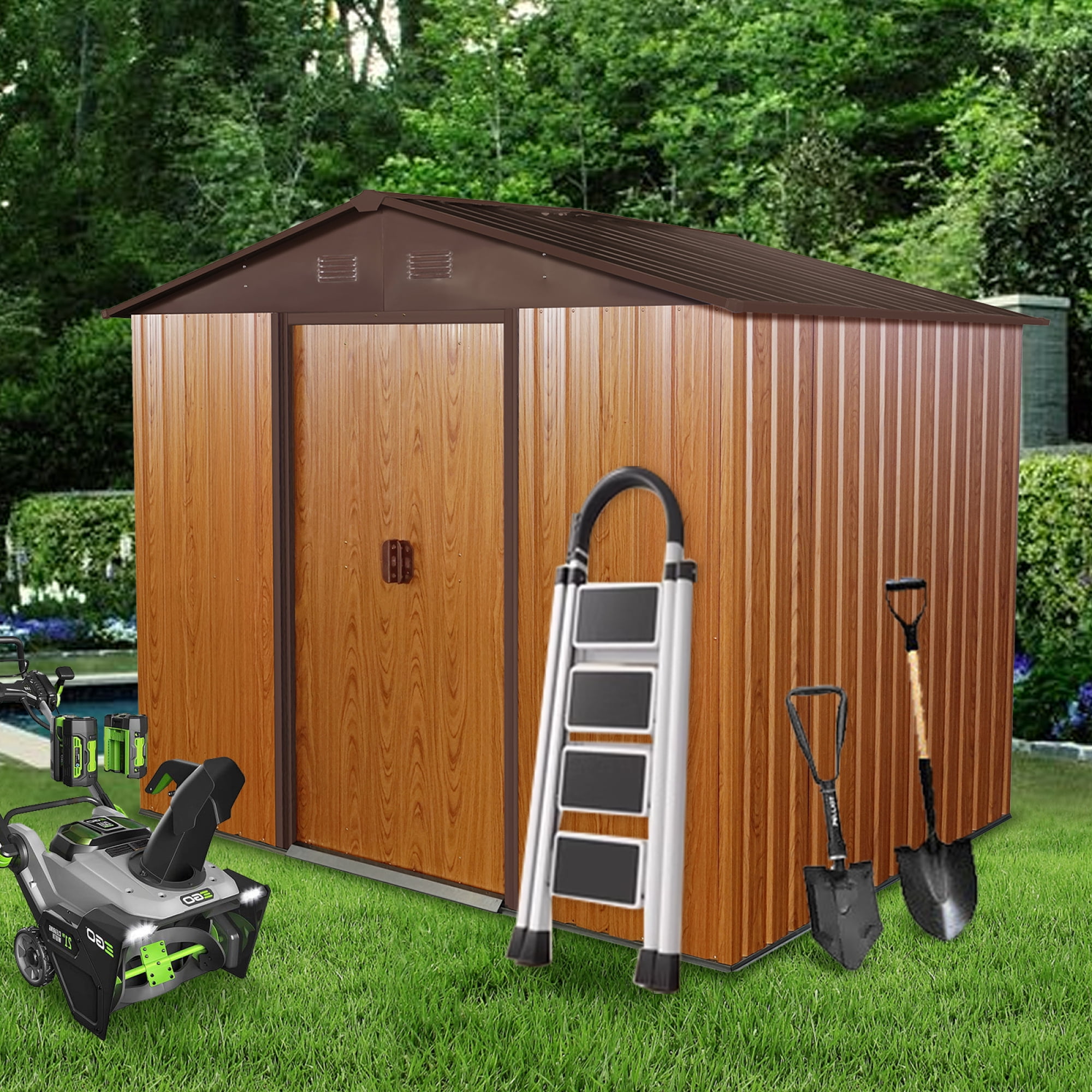 Jopath 8ft x 6ft Outdoor Metal Storage Shed with Sliding Door and Foundation for Backyard, Patio, Lawn (Coffee)