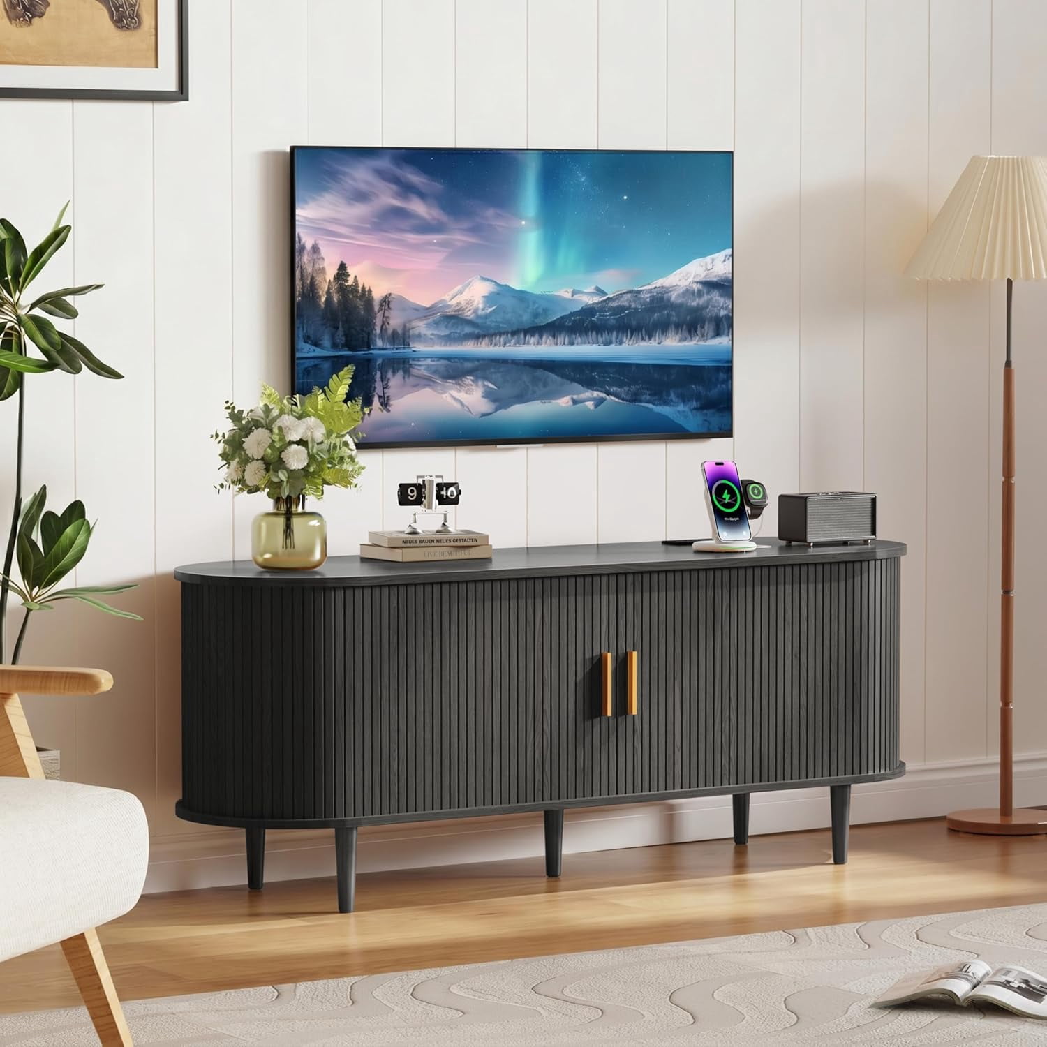 55 Inch Mid-Century Modern TV Stand with Power Outlet for TVs up to 60 Inches, Entertainment Center with Sliding Doors, Adjustable Shelves and Storage, Media Console for Living Room, Black