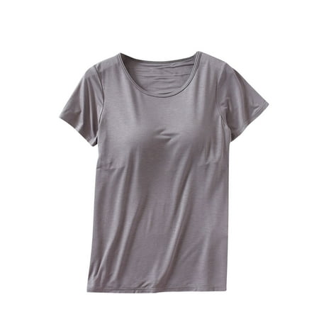 Built in Bra Tops for Women Summer Short Sleeve Tshirt Workout Sports Yoga T Shirt with Shelf Bra Pajama Top with Bra Pad Soft Lounge Clothes Trendy Outfits