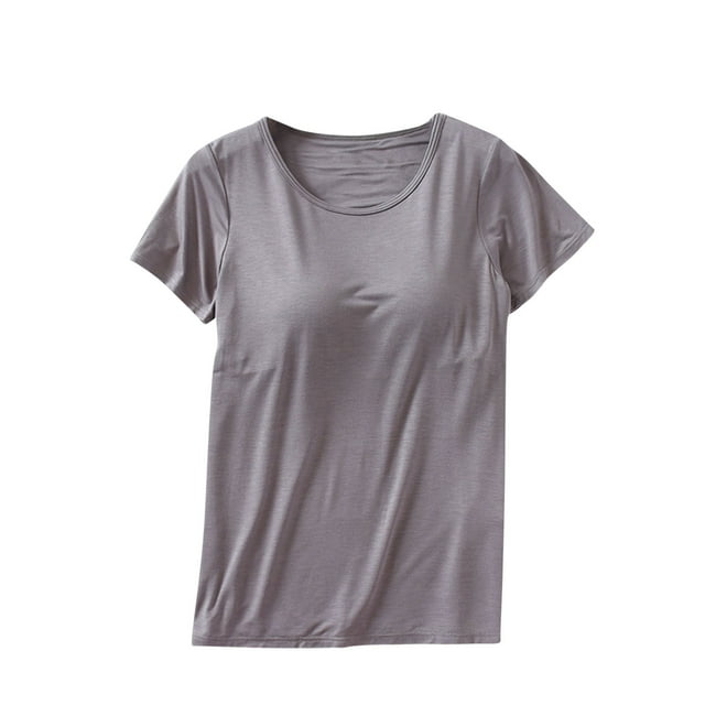 Yuyuzo T-Shirt pour Femmes Rembourré avec Soutien-Gorge Intégré à Manches Courtes Col Ras du Cou Hauts de Pyjama Grande Taille Haut de Yoga et d'Entraînement