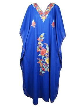Mogul Women Blue Kaftan Maxi Dress Boho Loose Floral Embroidery Kimono Sleeves Resort Wear Cover Up Housedress 4XL