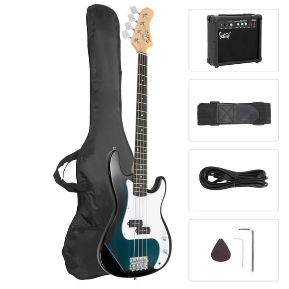 GLARRY Guitare Basse Électrique Taille Complète avec Amplificateur 20W, Kit de Démarrage pour Débutant à 4 Cordes avec Accessoires Incluant Câble, Sangle, Sac pour Enfants et Adultes (Bleu Foncé)