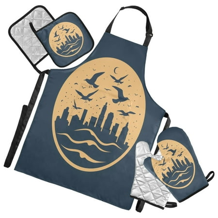 5 Pcs Kitchen Set Heat Resistant Oven Mitts and Non-Slip Pot Holders with Adjustable Cooking Apron City Seagulls Moon Wave