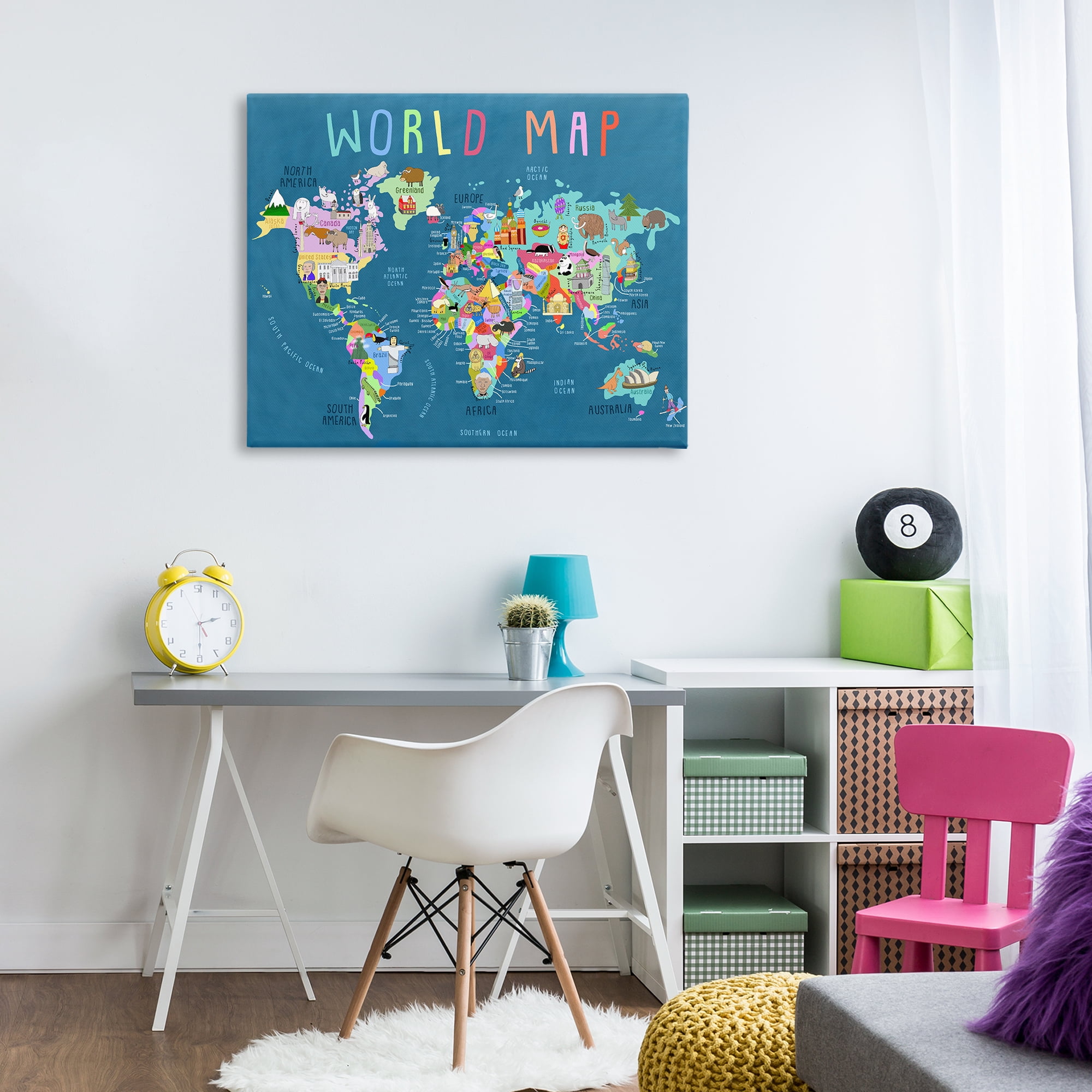 Stupell Industries World Map with Landmarks Education Painting Wrapped Canvas Art Print Wall Art, 40 x 30