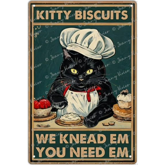 Cat Wall Decor, Kitty Biscuits We Knead Em You Need Em Retro Tin Sign for Cafes Club Bars Bathroom Metal Poster, Funny Kitchen Wall Decor, New Home Gift 5.5x8 Inch
