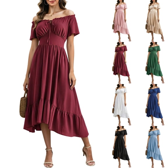 Women's Medieval Ruffle Dress Renaissance Costume Off Shoulder Bell Sleeve Peasant Pirate Dress
