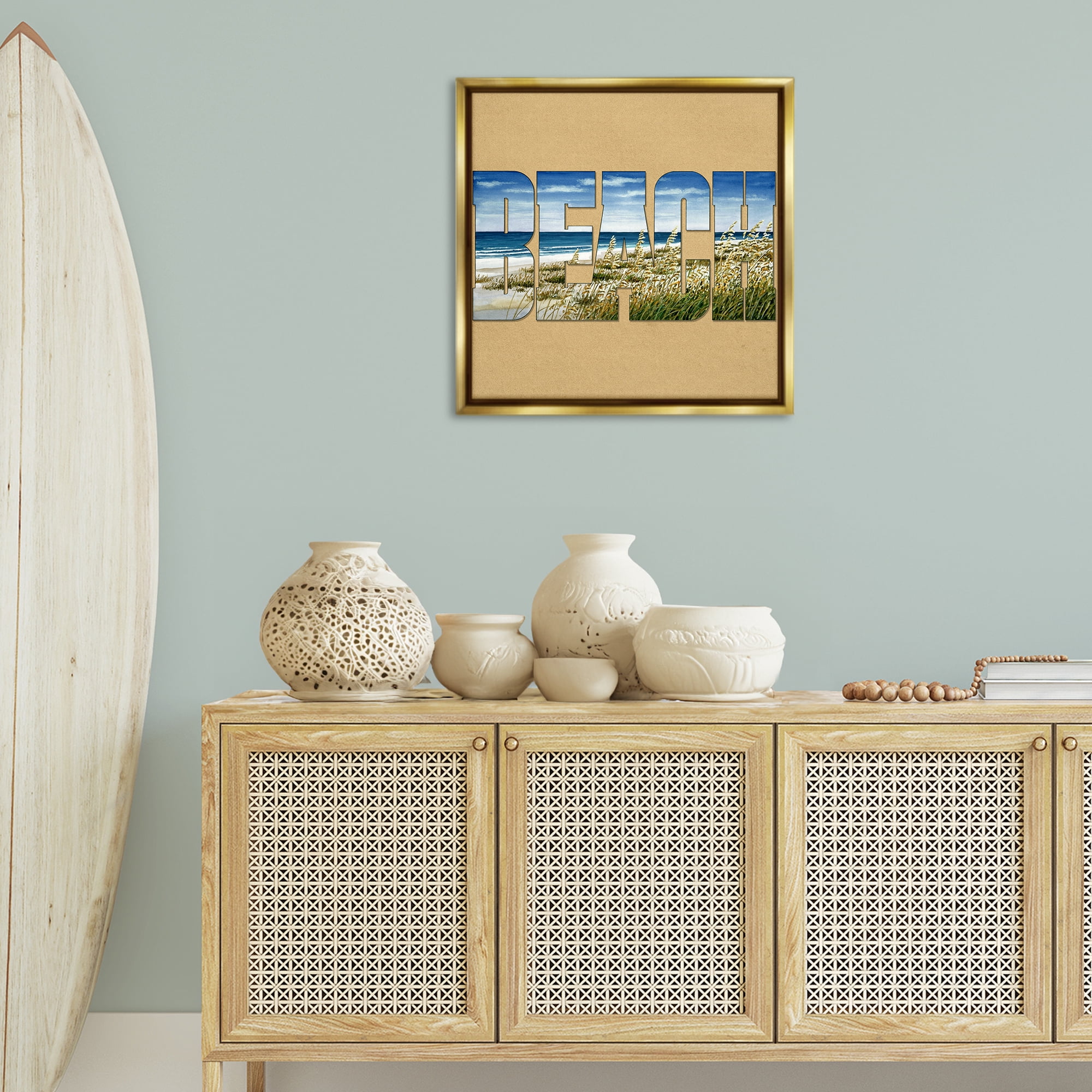 Stupell Industries Grassy Beach View Letters Nautical & Beach Painting Gold Floater Framed Canvas Art Print Wall Art, 25 x 25