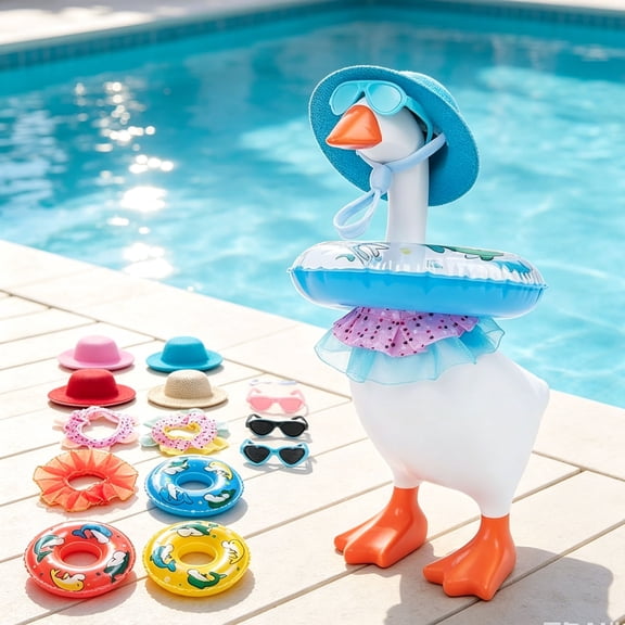 16PCS Desk Goose Outfits, 7 Inch Summer Mini Porch Goose Outfits Hats Sunglasses Swimming Ring Cute Skirts Funny Desktop Goose Clothes Costume for Magnetic Geese Statue Key Holder Table Decor