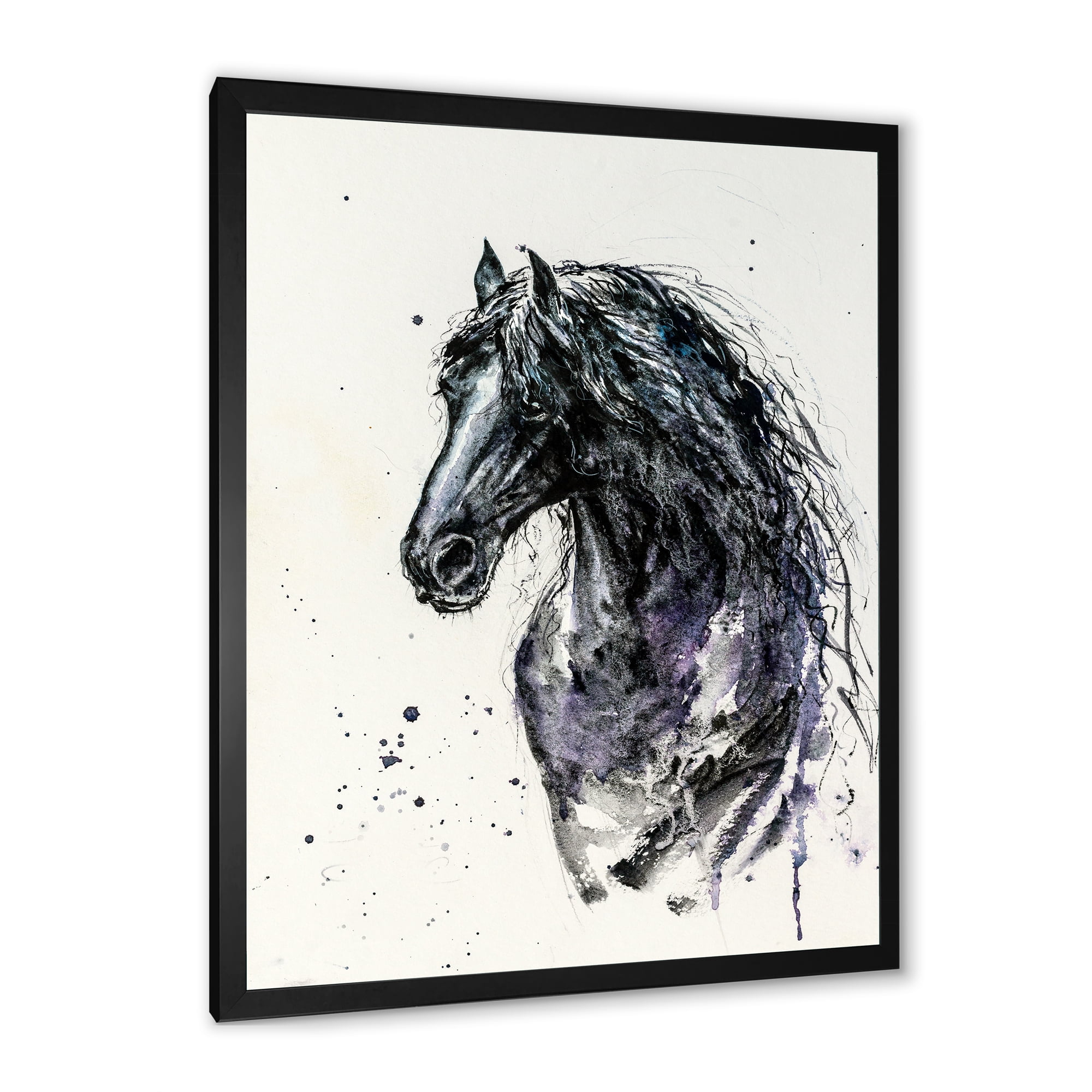 Designart 'Close Up of Friesian Horse With Long Manes' Farmhouse Framed Art Print