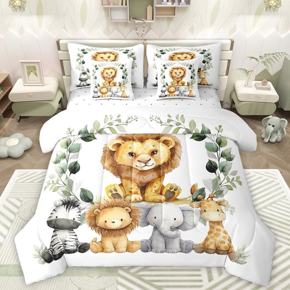 Manfei Wildlife Lions 7-Piece Twin Bedding Sets,Jungle Zebra Lions Bedding Comforter Set,Kawaii Elephant Giraffe Sheet Sets For Men Women,Super Cozy Room Decor Reversible
