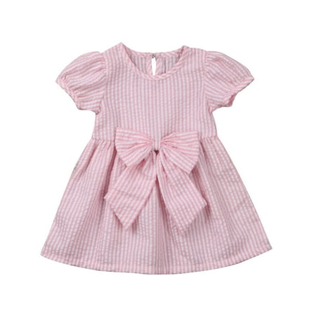 

Toddler Baby Girl Infant Summer Short Sleeve Stripe Dress with Bowknot