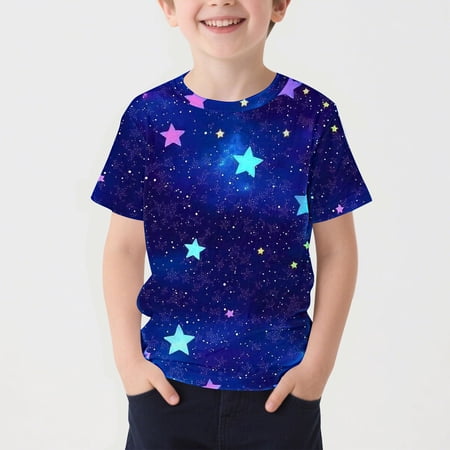 Fatuov T-Shirts for Kids Galaxy Star Printed Comfortable Graphic Tees for Holiday Round Neck Short Sleeve Girls Boys Clothes 9-10 Years