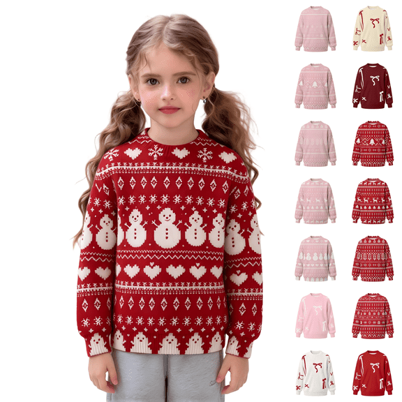 Wilark Girls Christmas Sweater Size 11-12 Years, Cute Long Sleeve Crew Neck Pullover Kids Festival Tops Red