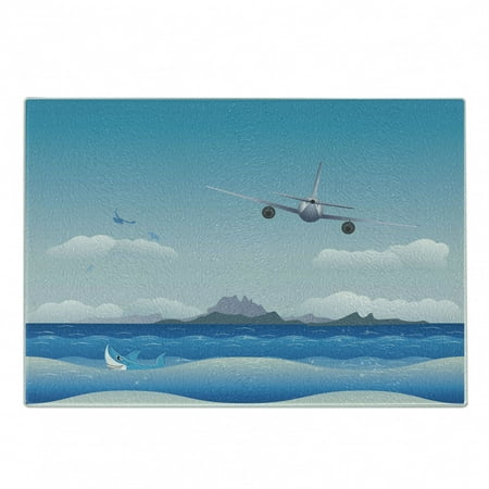 

Airport Cutting Board Cartoon Seascape Composition Plane Flies over Ocean with Shark Decorative Tempered Glass Cutting and Serving Board in 3 Sizes by Ambesonne