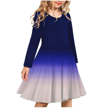 

Kids Dress Girls Long Sleeve Stretchy Dress a Line Twirly Skater School Recital Dress Long Sleeve Round Neck Dress Girls Knit Dress Dark Blue 11Y