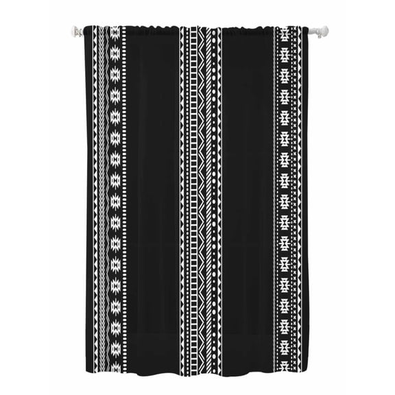 Sheer Curtains 72 Inches Long, Black Boho Semi Sheer Curtains Light Filtering Window Treatment, Vintage Abstract Striped Geometric Motifs Privacy Voile Drapes for Living Room Bedroom 52x72 Inch