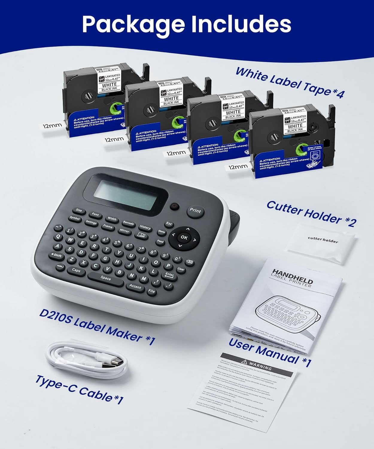 Label Maker Waterproof Labels, Labeler Machine with Tape, 16+ Bolder/Handwritten Fonts & Intuitive Shortcut Keys, 12mm Removable Freezer Food Labels for Jars/Containers/Bottle
