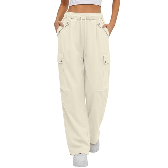 VEKDONE Women Cargo Sweatpants Elastic High Waisted Drawstring Long Pants Solid Color Multi Pockets Straight Trousers Summer Casual Workout Hiking Joggers Pants White M