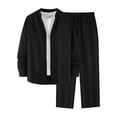 thumbnail image 5 of Men's 2 Piece Vertical Striped Textured Outfits Summer Casual Long Sleeve Button Down Shirts and Pants Matching Sets Black, 5 of 8
