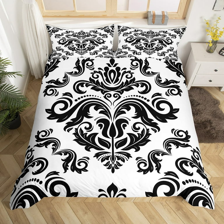 Baroque Damask Duvet Cover Twin Black White Gothic Boho Floral Bedding Set  For Boys Girls Abstract Adults Geometric Flowers Comforter Cover,European  Victorian Style Quilt Cover 1 Pillow Case 