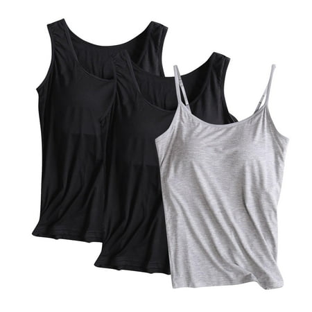 JGGSPWM 2PCS Slim Fit Built-in Bra Tank Tops for Women Summer Casual Padded Adjustable Spaghetti Strap Camisole Tops Gray XL