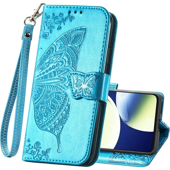 Wallet Case for OnePlus Nord N30 5G,PU Leather Flip Protective Phone Case Wrist Strap Card Slots Holder Pocket Emboss Butterfly Flower Stand Case for OnePlus Nord N30 5G Blue