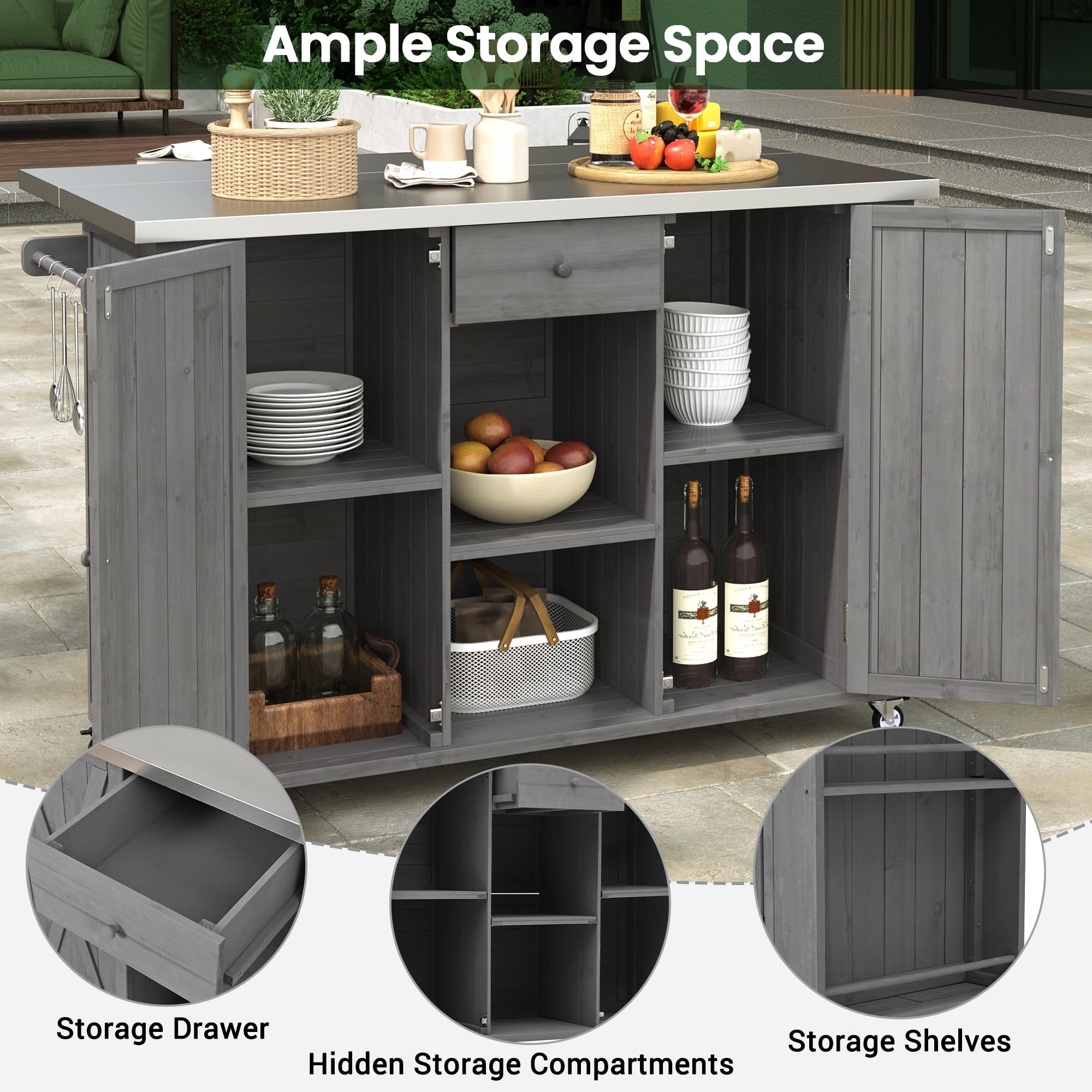 Outdoor Kitchen Cabinet, Fir Wood Furniture with Stainless Steel Top for Patio, Grey