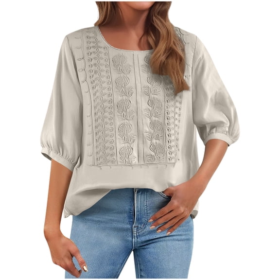 Guluxicc Embroidered Cotton Linen Tops For Women 3/4 Sleeve Boho Top Dressy Casual Round Neck Blouse Trendy Summer Tops
